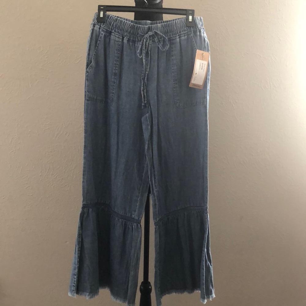 Billy T Shop Lyocell Wide Leg Pants NWT Boho Ruffle Hem Drawstring